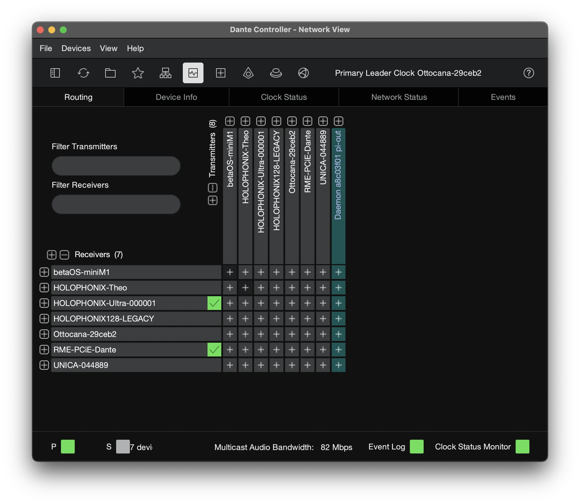 An AES67 flow subscribed in the Dante Controller routing grid