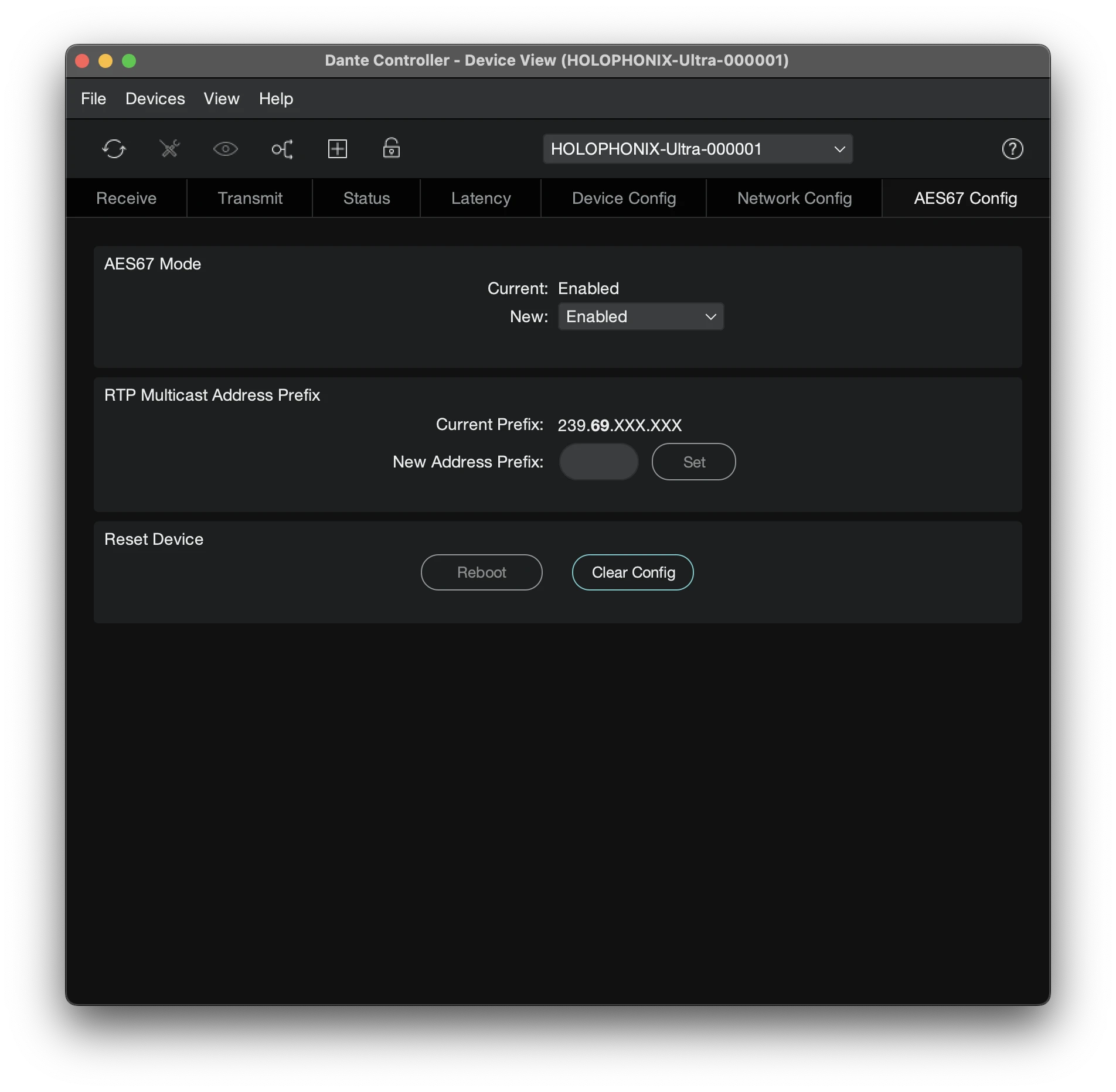 Enabling AES67 mode on the HOLOPHONIX device in Dante Controller